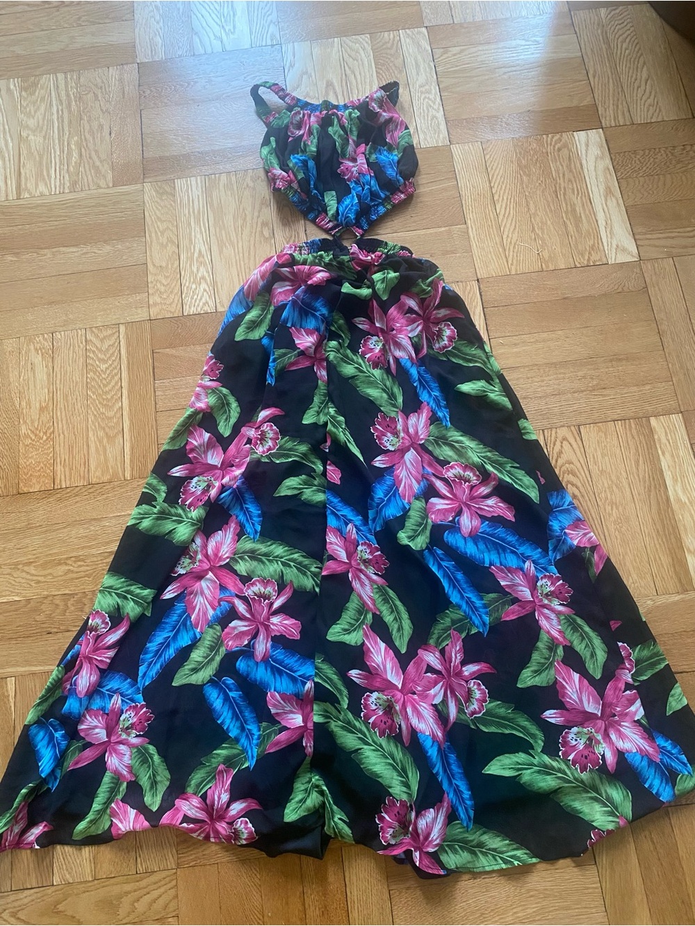 Women’s Black Floral Maxi Dress with Pink & Green Tropical Print